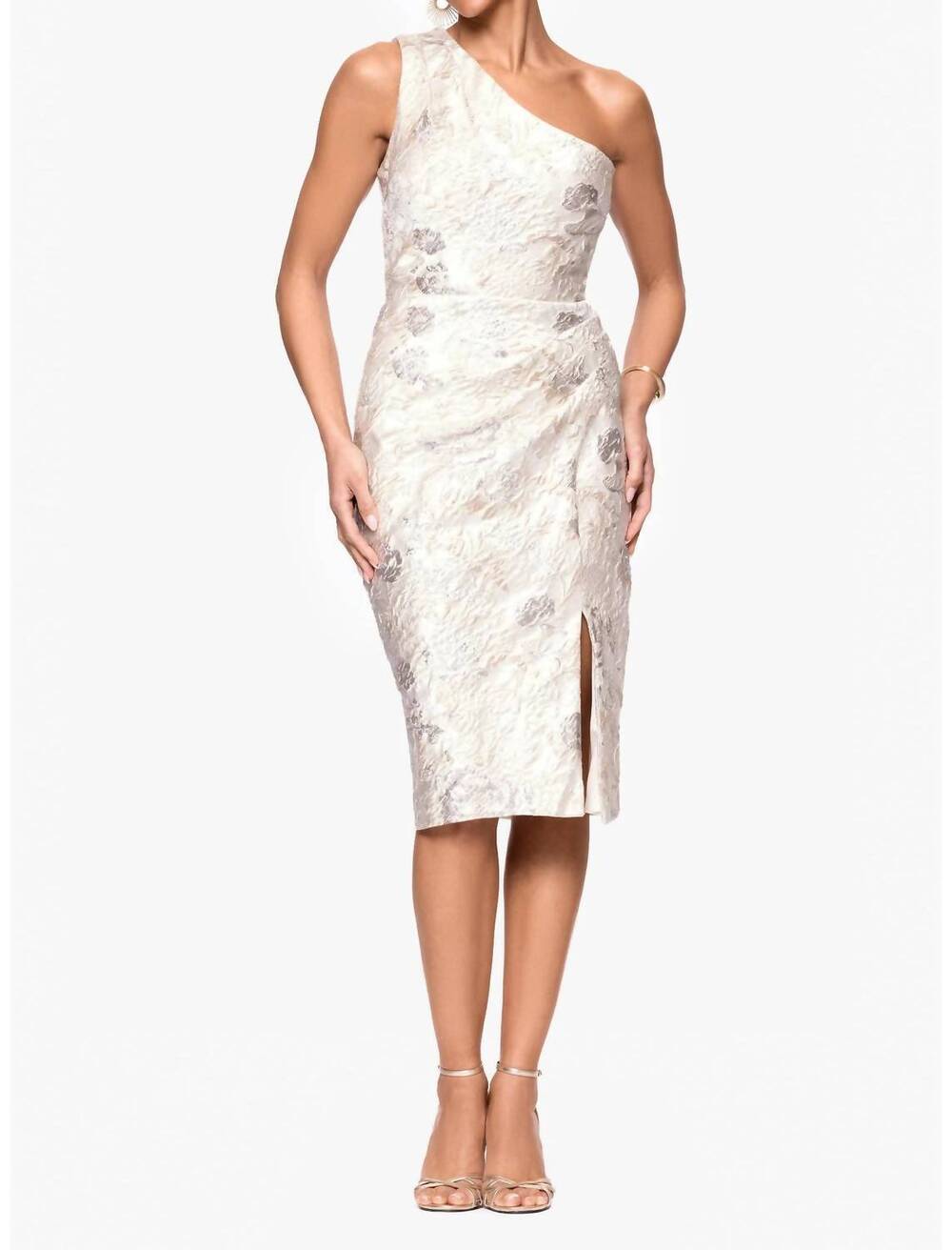 NEW XSCAPE evenings metallic floral jacquard one-shoulder sheath cocktail dress